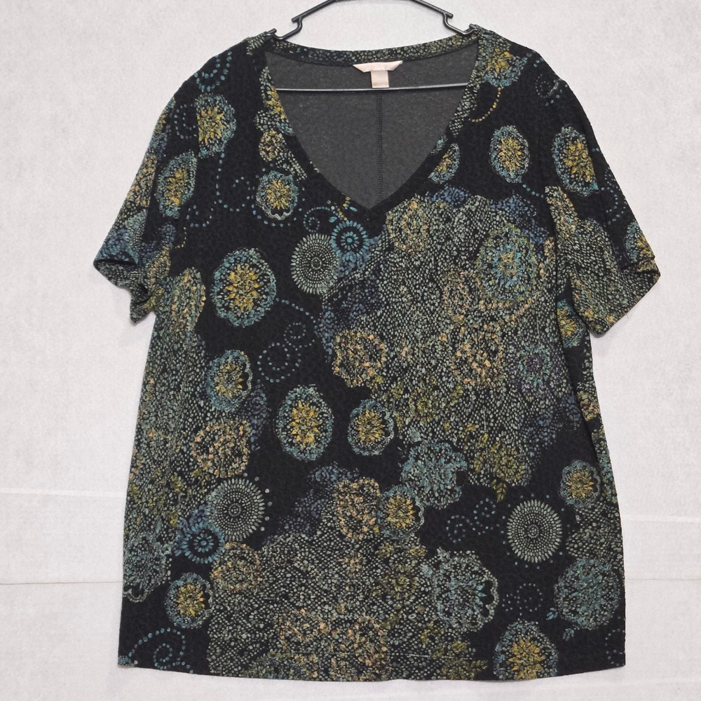 White Stag Womens 3X Black Teal Yellow Floral Print V Neck Tunic Top